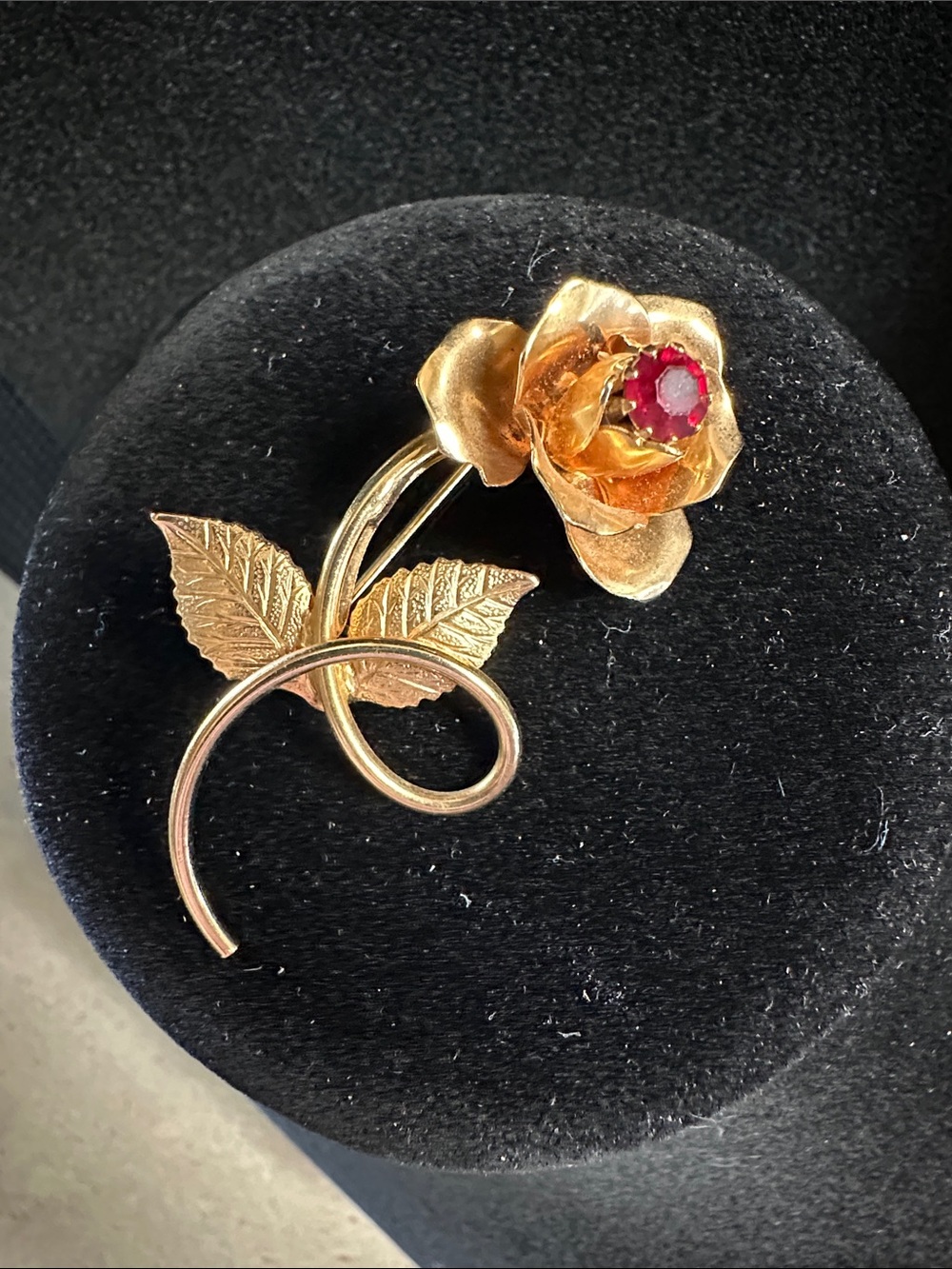 Vintage Gold-Tone Rose Pin with Red Stone Center